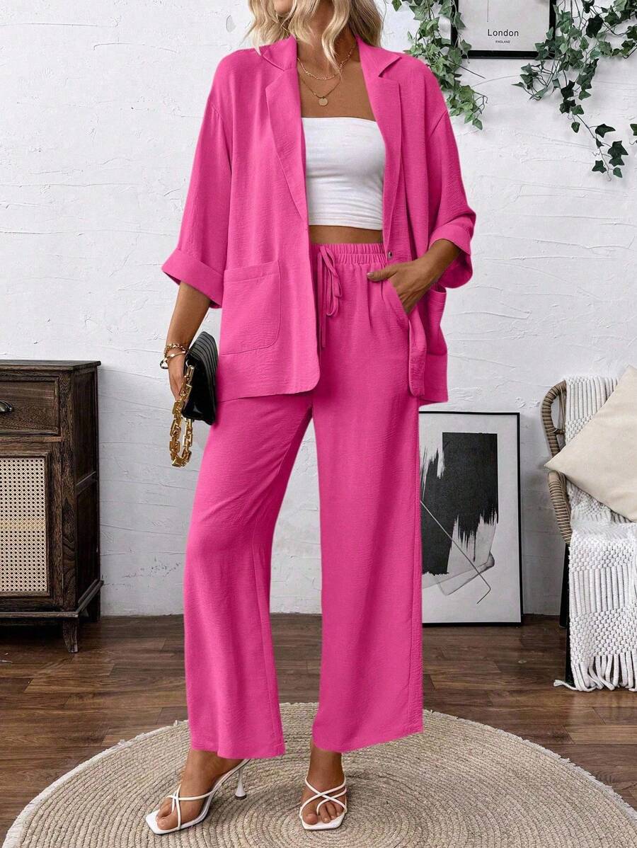 SHEIN Clasi Women's Linen-Like Casual Lapel NeckJacket And Pants Suit Set Powdered Rose Casual Outfits Spring Clothes For University Fall Cloth For Women