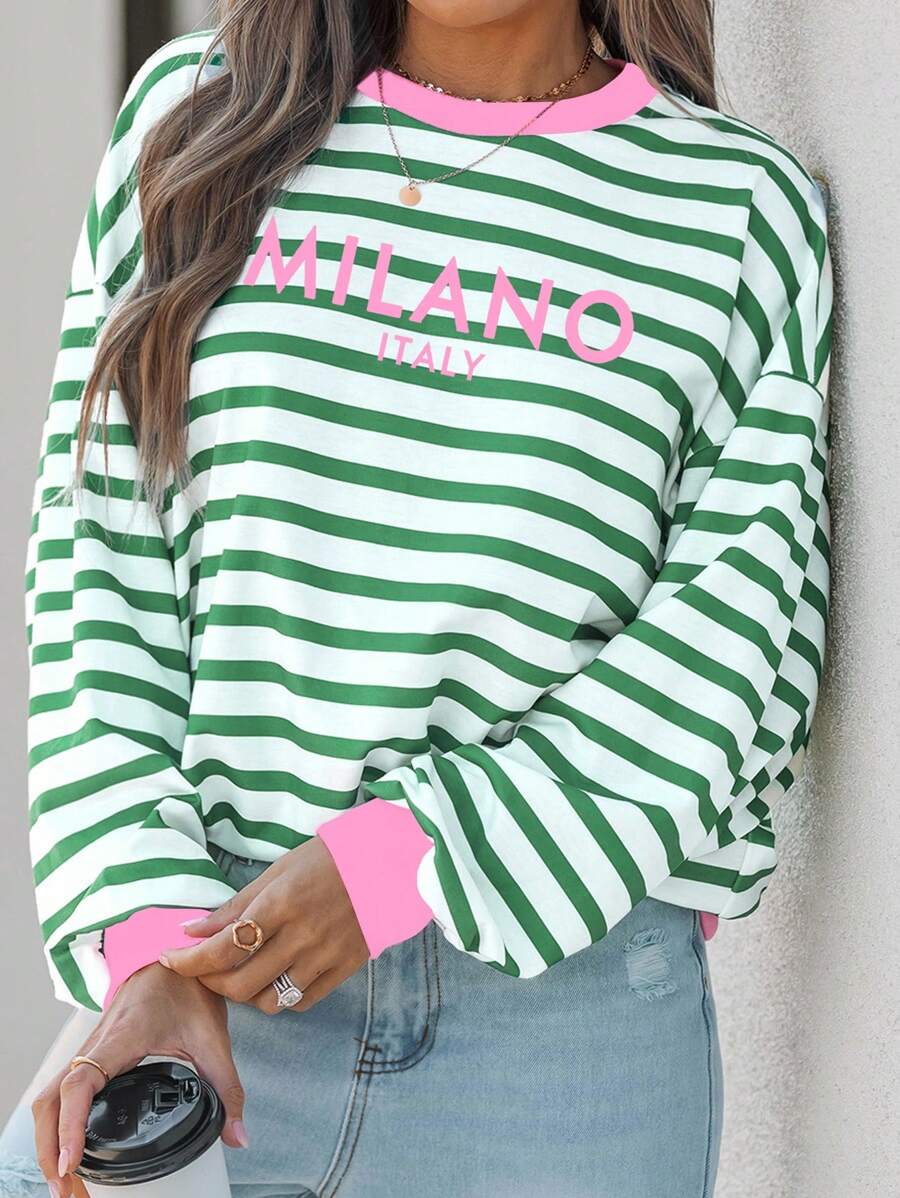 EMERY ROSE Casual Versatile Minimalist Pink & Green Striped Letter Graphic Plus Size Hoodie Sweatshirt, Suitable For Autumn/Early Winter Autumn And Winter,Fall Clothes For Women - Multicolor - View 1