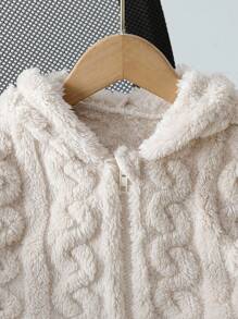 SHEIN Giacca corta in pile color albicocca casual per ragazze, con chiusura lampo frontale, motivo a cuori, cardigan con cappuccio carino per autunno/inverno