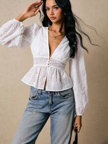 Poéselle 女士刺绣深V灯笼袖时尚衬衫