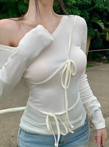 DAZY 女士休闲纯色不对称领带T恤长袖女式上衣