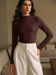 Anewsta Camiseta plisada casual y elegante de cuello redondo para mujer, color marrón - Óxido marrón - Ver 3