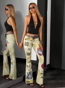 Jeanoix Jeans de campana con estampado de flores, llamas y corazones en degradado, moda versátil y personalizada para mujer