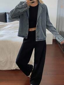 DAZY Women's Turndown Collar Loose Short Casual Denim Jacket And Coat - Medium Wash - View 3