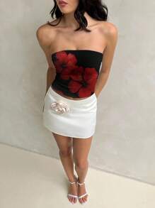 Aloruh 女士休闲度假抹胸短款上衣，红色花卉印花，适合度假、海滩 - 彩色 - 查看 5