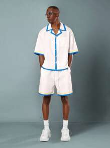 Conjunto de coordinado de lujo estilo resort italiano con camisa de manga corta de cuello solapa y botones, shorts de tiro alto para vacaciones de verano en la playa, estilo mediterráneo y moda costera - Blanco - Ver 2