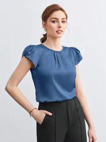 SHEIN BIZwear 女士纯色圆领褶裥装饰蝙蝠袖宽松短袖衬衫，优雅办公休闲衬衫，女士基础款上衣 - 藍色 - 查看 5