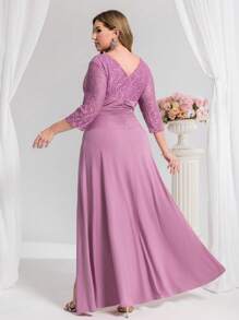 Coutiva Vestido formal largo asimétrico de encaje con cuello en V, parches y lentejuelas, de manga 3/4