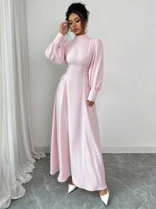 Elenzga Váy midi cổ cao tối giản thanh lịch dành cho nữ, phù hợp mặc đi làm, đi nghỉ, đi biển, trà chiều, tiệc tùng, cổ điển, giáo viên, màu trơn, màu tương phản, trang trí ngọc trai, thắt eo bên hông, tay áo loe hình lồng đèn, dáng chữ A, xuân/thu/đông - Hồng - Xem 3