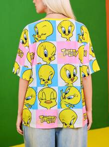 LOONEY TUNES X SHEIN 女式休闲街头风卡通字母图案宽松落肩T恤，夏季 - 黃色 - 查看 2