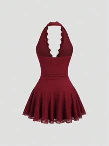 Sweetra 女士露背蕾丝拼接酒红色性感优雅连衣裙