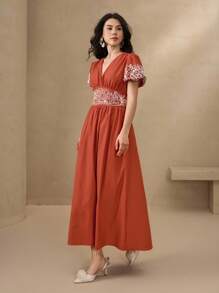 DAZY 女士优雅刺绣V领泡泡袖中长连衣裙 - 橘色 - 查看 4