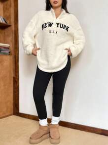 SHEIN EZwear Conjunto de Moletom com Gola Alta e Legging de Fleece Justas com Novo Padrão de Letra, Outono/Inverno - Multicolorido - Visão 3