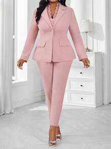 SHEIN Lady 春、夏、秋、冬 优雅 派对 通勤 婚礼 情人节 鸡尾酒会 办公室 音乐会/音乐节 粉色针织蕾丝翻领 撞色蕾丝 金色纽扣 假口袋 长袖 加大码 人造毛皮大衣 加大码 西装 - 淺粉色 - 查看 5