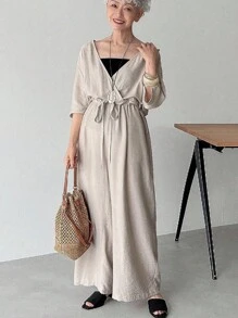 FRIFUL 女士波西米亚风休闲宽松纯色连体裤，短袖夏季抽绳连衣裙，前系带宽松连衣裙，米色连衣裙，V领连衣裙 - 杏色 - 查看 9