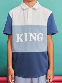 SHEIN 青少年男孩休闲拼布撞色 Polo 衫和短裤套装 - 藍色 - 查看 4