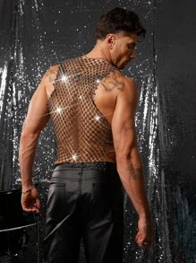 FeverCity Men's Rhinestone Flower Mesh Sexy Top - Black - View 2