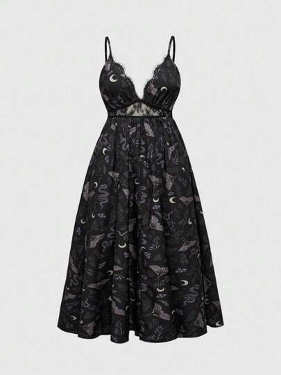 Goth Plus Size Women's Vintage Mysterious Forest Leaf & Moth Moon Print Dress,Homecoming Dress