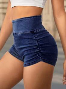 SHEIN Tall Women's Casual Tight Elastic High Waist Skinny Shorts Blue Tall Summer For Women Vacation Woman Y2k Waisted Jean Stretchy - Dark Wash - View 5