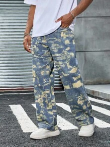 Manfinity EMRG Jeans rectos de pierna ancha con estampado amarillo, de corte casual para hombre, para primavera/verano - Azul - Ver 3