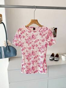 SHEIN LUNE 蓝白印花透明网眼圆领短袖女式 T 恤，适合休闲、度假穿着 - 玫紅色 - 查看 2