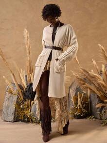 EURMUSE 女士口袋和麻花针织开衫 - 奶油色 - 查看 1