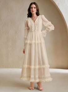 Anewsta Robe maxi élégante à col V avec appliqué pour femmes