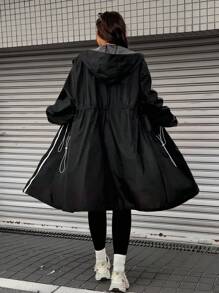 SHEIN EZwear Plus Size Casual Drawstring Waist Hooded Jacket, Spring/Autumn,Winter Black And White Anti Splash Water Medium Long Thin Jacket Fall - Black - View 2