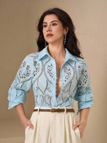 DAZY Áo kiểu nữ tay dài, dáng suông, thêu họa tiết rỗng, cài cúc phía trước, chất liệu vải xuyên thấu. - Màu xanh lam - Xem 7