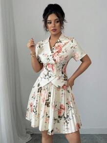 SHEIN Tall Random Print Elegant Commuter Collared Short Sleeve Ripped Waist Decorated With Double Metal Buttons Asymmetric Hem Elastic Waist A-Line Pleated Mini Skirt Women Suit Set - Apricot - View 3