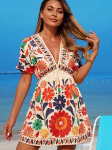 Breezaya Đầm đi biển họa tiết hoa cổ chữ V, tay ngắn, bó eo, thường ngày và áo choàng cho nữ - Nhiều màu - Xem 4
