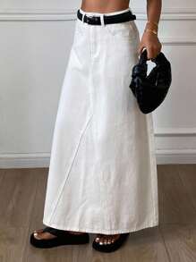 DAZY 女士休闲A字型牛仔长裙 - 白色 - 查看 2