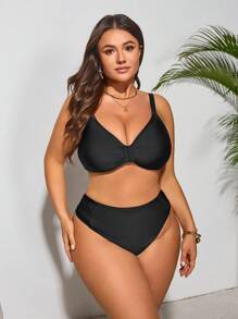 SHEIN Swim Curve 大码女式 2 件纯黑色时尚度假日常休闲褶饰蝴蝶结粗肩带高腰三角泳裤性感比基尼套装 - 黑色 - 查看 4