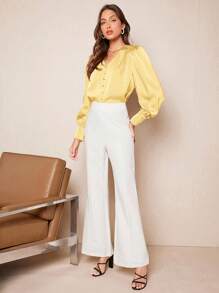 BizChic Áo kiểu tay phồng cổ chữ V có cúc trang trí, chất liệu satin, thanh lịch, phù hợp mặc hàng ngày cho người đi làm thành thị, mang hơi hướng lãng mạn thập niên 90, thích hợp cho Giáng sinh, Năm mới, Ngày Valentine, tiệc tùng, đi biển, lễ tốt nghiệp, đa năng, tối giản, lãng mạn, phù hợp cho khách dự đám cưới, chủ nhà, hẹn hò, tiệc tùng, buổi hòa nhạc, bữa ăn sáng muộn, sân bay. - Màu vàng - Xem 8