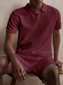 Manfinity Homme Men's Solid Color Short Sleeve Knit Top And Knit Shorts Casual Co-Ord Set , Fall Clothes - Burgundy - View 5