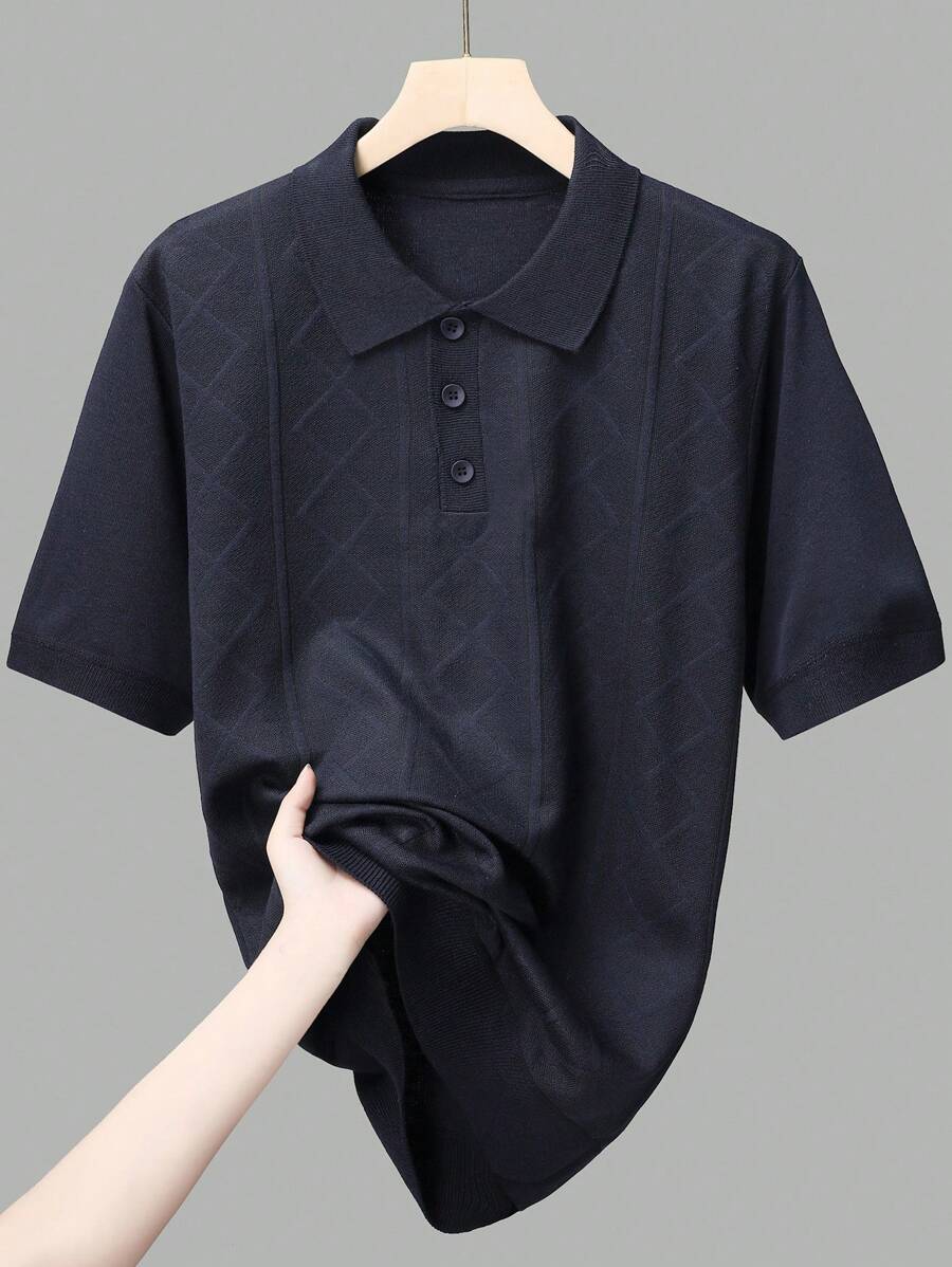 Manfinity Homme Men's Knit Short Sleeve Button Half-Placket Summer T-Shirt Top - Navy Blue - View 1