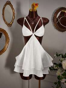 Amplova Women's Solid Color Minimalist Cropped Waist Mini Dress, Casual Everyday Wear White Ruffle Dress,Party Dress