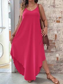 SHEIN LUNE Große Größen einfarbiges Urlaubskleid im Lässig-Stil mit geschwungener Saumkante, Maxikleid für Damen