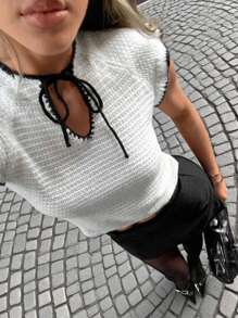 Siren Gaze كنزة صوفية محبوكة صيفية مع أكمام قصيرة وطرف ملون للنساء، كاجوال