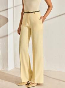 CLARA VERO Quần âu ống rộng thắt lưng họa tiết đường may màu vàng bơ thanh lịch dành cho nữ - Màu vàng - Xem 4