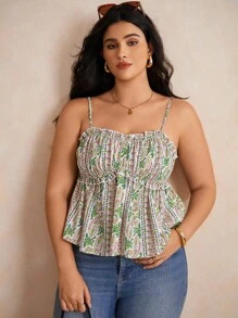 Elaquor Plus Size Women's Ditsy Floral Frill Trim Camisole Top - Green - View 6