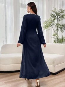 Al Najma Vestido casual de manga larga con decoración de perlas falsas, de estilo árabe modesto para mujer - Azul Marino - Ver 2