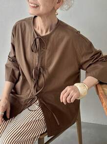FRIFUL 女式棉麻混纺宽松蝴蝶结前抽绳休闲长袖衬衫上衣，秋季棕色衬衫女式棕色系带前衬衫大地色衬衫女式棕色衬衫棕色上衣 - 棕色 - 查看 7