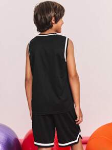 SHEIN Tween Boy Loose Casual Minimalist Comfortable Round Neck Sleeveless Contrast Trim Tank Top And Shorts Set ,Back To School Season, Christmas - Black - View 2