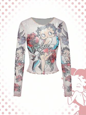 Betty Boop | ROMWE Damen sexy transparentes Vintage Cartoon Muster Saum Crop Top