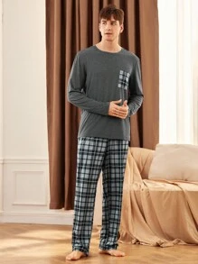 SHEIN Men's Patchwork Pocket Long Sleeve Top And Plaid Long Pants Pajama Set, Fall Winter Clothes - Grey - View 9