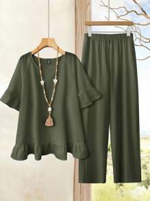 Rusticease 加大码亚麻乡村风两件套女士白衬衫和裤子，简约时尚女装春季服装女装夏季服装女装夏季服装 - 軍綠色 - 查看 1