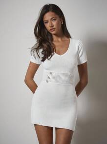 COSMINA Women's Elegant V-Neck Short Sleeve Metal Button Knit Sweater Dress - White - View 4