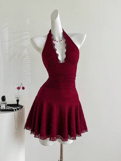 Sweetra 女士露背蕾丝拼接酒红色性感优雅连衣裙