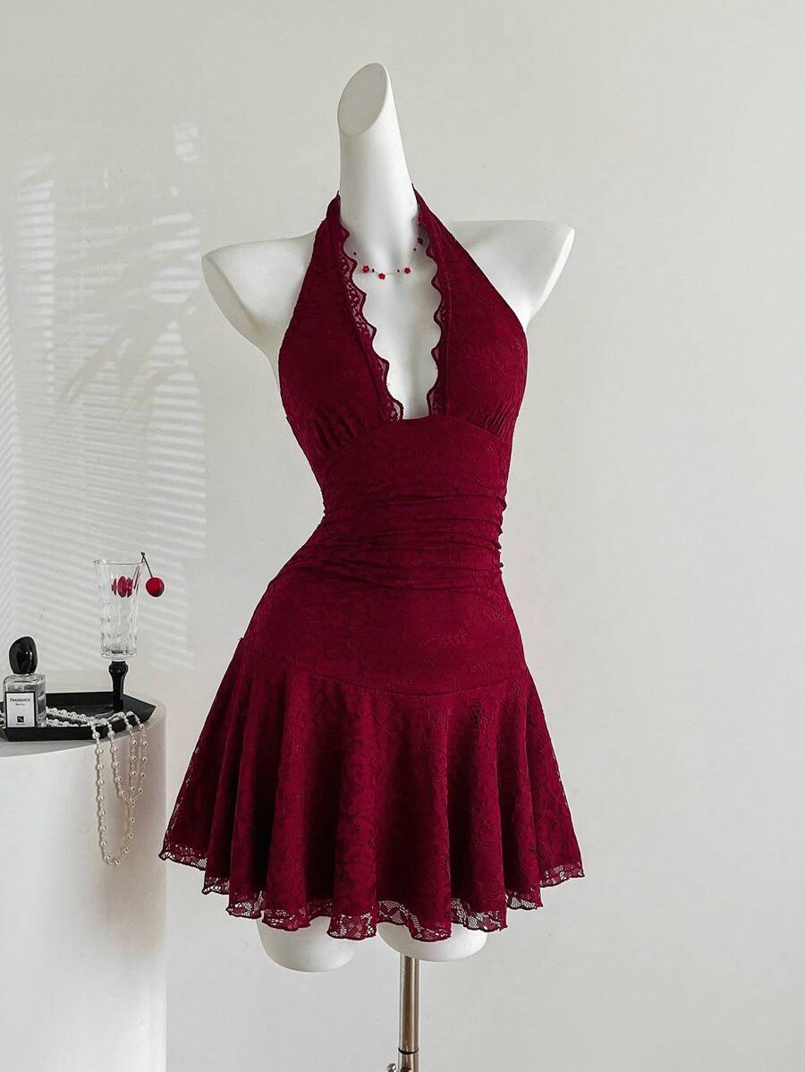 Sweetra 女士露背蕾丝拼接酒红色性感优雅连衣裙